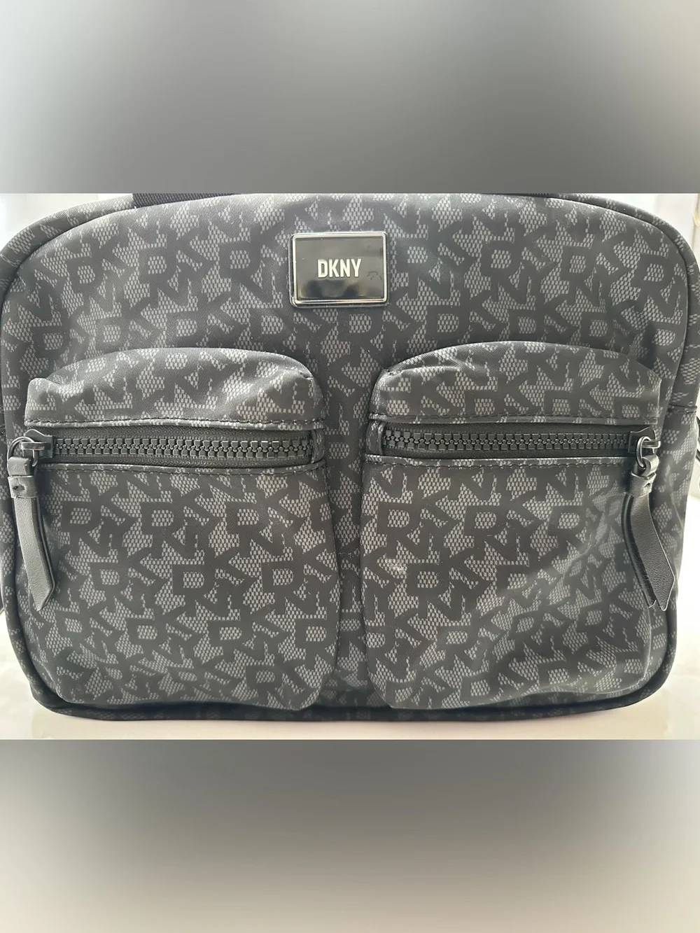DKNY Damian Satchel Black Grey Monogram Crossbody Bag Utility Tote EUC